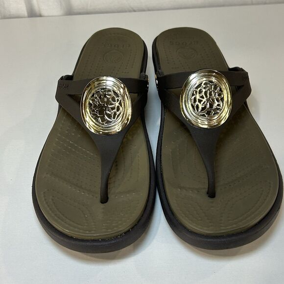 Crocs Sanrah Hammered Circle Wedge Flip Sandal Women's size 10 ESPRESSO/GOLD EUC - Picture 2 of 8